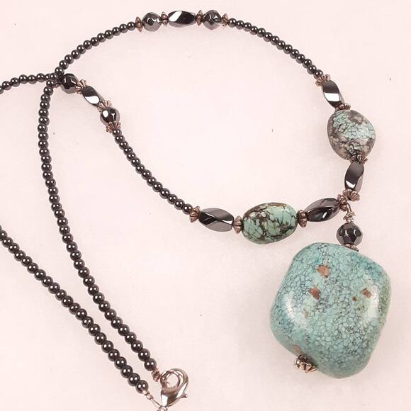 Turquoise Large Stone Hematite Necklace Faceted Beads Baubles Handmade Nice! - Picture 4 of 7